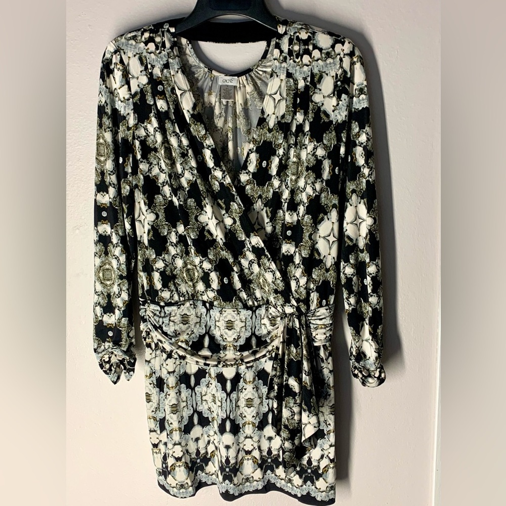 EUC Cache Jeweled Print Ruched Dress Sz M H001